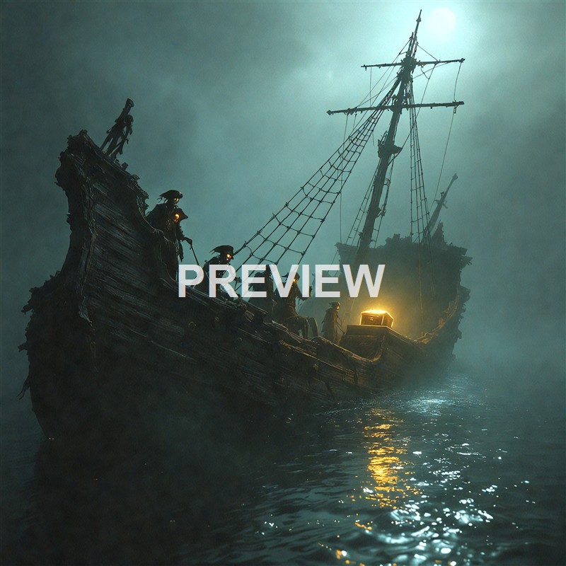 A group of pirates or sailors on an old, weathered wooden ship at night, illuminated by a glowing treasure chest and moonlight, with foggy surroundings.